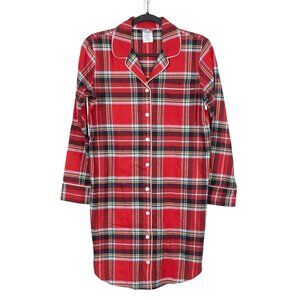 Lands End Plaid Button Up Nightshirt XS 2 4 Womens Petite Red Cotton Long Sleeve